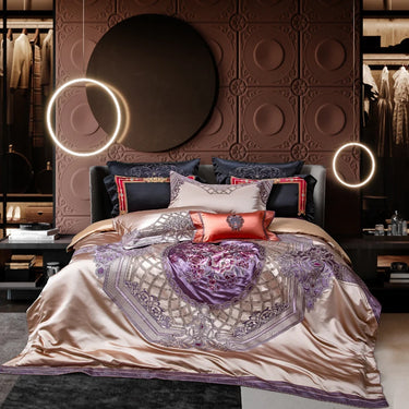 Luxury Purple Gold Baroque Silky Embroidered Egyptian Cotton 1000TC Bedding Set